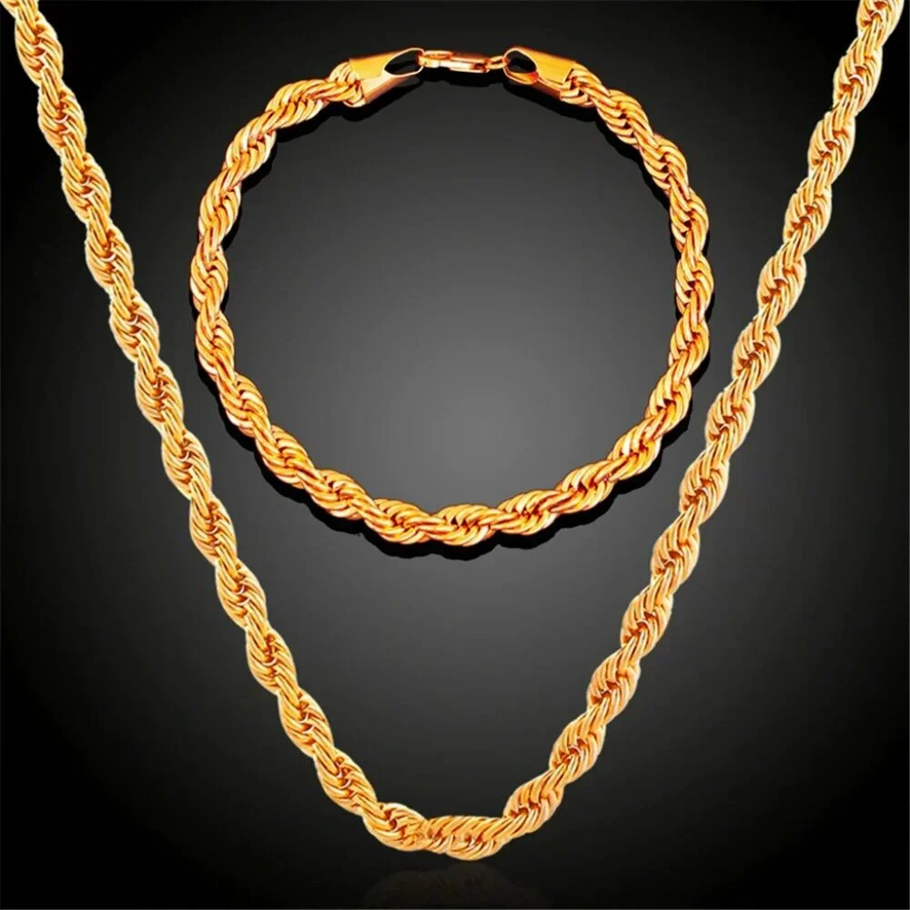⭐ 2pc. Diamond Cut Rope Set 22" Chain and 7.75" Bracelet 4mm Wide 18K Gold ⭐ - Picture 2 of 7